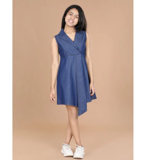 Girl's Denim Solid Sleeveless Shirt collar Dress (Blue)