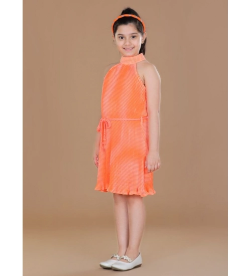 Girl's Polyester Crepe Printed Sleeveless Round Neck Dress (Orange)