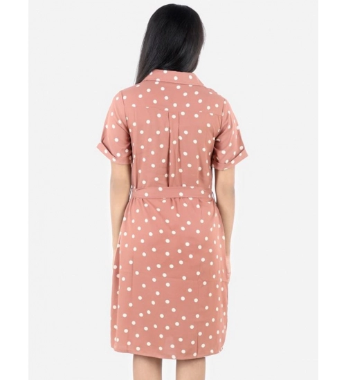 Girl's Polyester Printed Short Sleeve Shirt collar Dress (Brown)