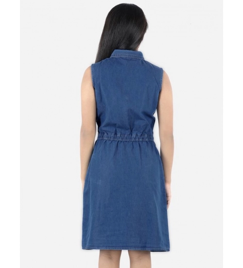 Girl's Denim Solid Sleeveless Shirt collar Dress (Blue)