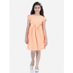 Girl's Polyester Crepe Checkered Short Sleeve Round Neck Dress (Orange)