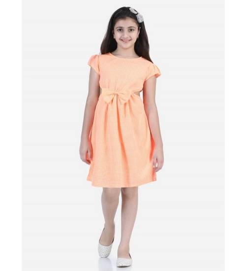 Girl's Polyester Crepe Checkered Short Sleeve Round Neck Dress (Orange)