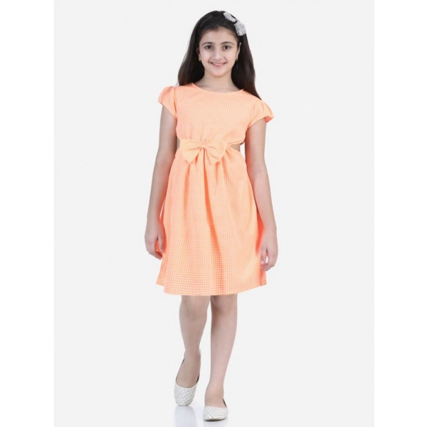 Dropship Girl's Polyester Crepe Checkered Short Sleeve Round Neck Dress (Orange)