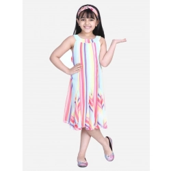 Girl's Polyester Crepe Striped Sleeveless Round Neck Dress (Multicolor)