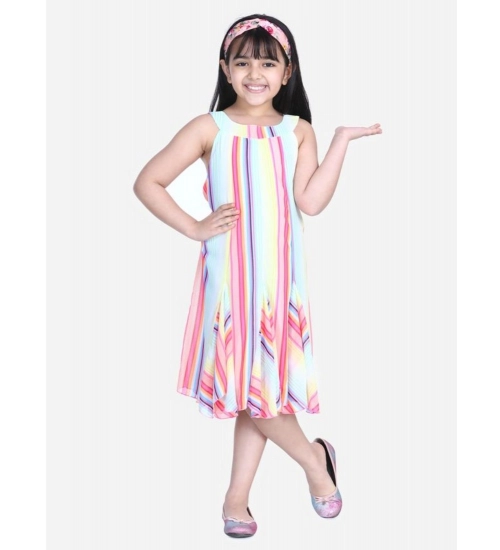 Girl's Polyester Crepe Striped Sleeveless Round Neck Dress (Multicolor)
