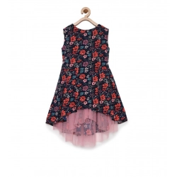 Girl's Polyester Crepe Embellished Sleeveless Round Neck Dress (Multicolor)