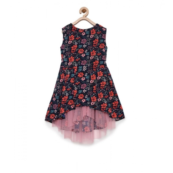 Dropship Girl's Polyester Crepe Embellished Sleeveless Round Neck Dress (Multicolor)
