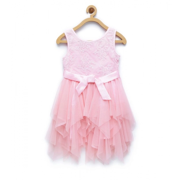 Dropship Girl's Polyester  Net Floral Printed Sleeveless Round Neck Dress (Light Pink)
