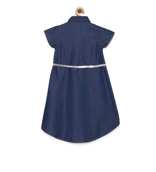 Girl's Denim Solid Short Sleeve Shirt collar Dress (Blue)