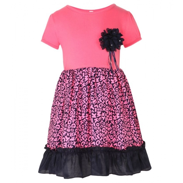 Dropship Girl's Polyester Crepe Embellished Short Sleeve Round Neck Dress (Pink)