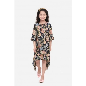 Generic Girl's Rayon Striped Bell Sleeve Round Neck Dress (Multicolor)
