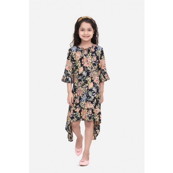 Dropship Girl's Rayon Striped Bell Sleeve Round Neck Dress (Multicolor)