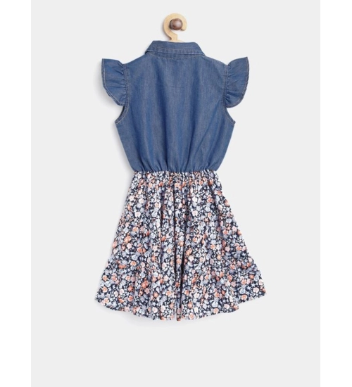 Girl's Denim-Cotton Striped Flutter Shirt Collar Dress (Multicolor)