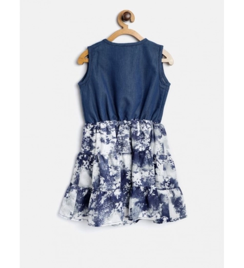 Girl's Denim-Polyester Crepe Solid Sleeveless Round Neck Dress (Blue-White)