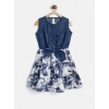 Dropship Girl's Denim-Polyester Crepe Solid Sleeveless Round Neck Dress (Blue-White)