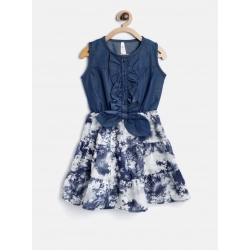 Girl's Denim-Polyester Crepe Solid Sleeveless Round Neck Dress (Blue-White)