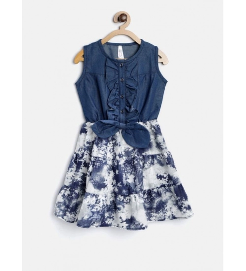 Girl's Denim-Polyester Crepe Solid Sleeveless Round Neck Dress (Blue-White)