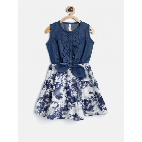 Dropship Girl's Denim-Polyester Crepe Solid Sleeveless Round Neck Dress (Blue-White)