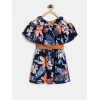 Dropship Girl's Polyester Crepe Floral Printed Bell Sleeve Cold Shoulder Neck Dress (Multicolor)