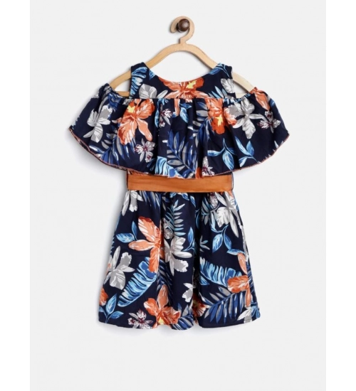 Girl's Polyester Crepe Floral Printed Bell Sleeve Cold Shoulder Neck Dress (Multicolor)