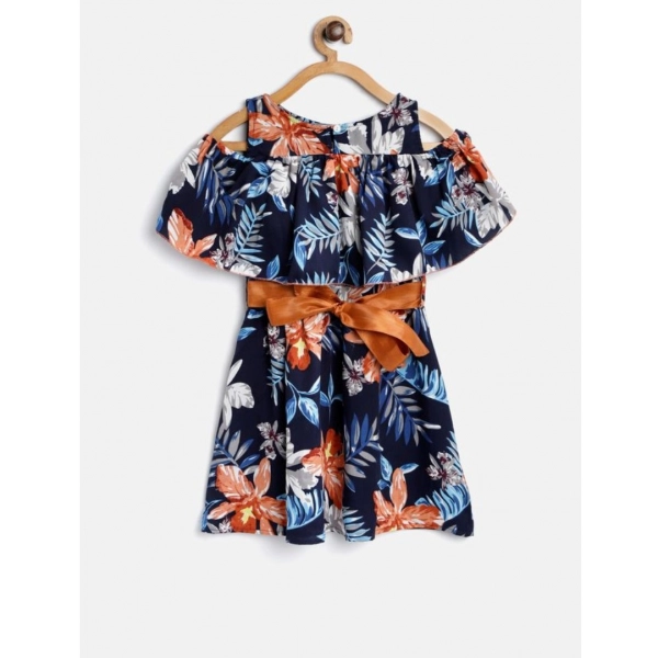 Dropship Girl's Polyester Crepe Floral Printed Bell Sleeve Cold Shoulder Neck Dress (Multicolor)