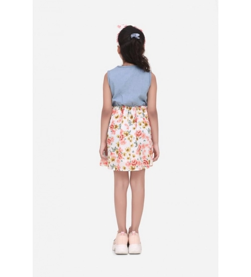 Girl's Denim-Cotton Floral Printed Sleeveless Round Neck Dress (Multicolor)