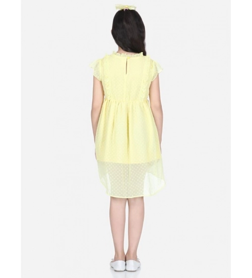 Girl's Polyester Solid Short Sleeve Round Neck Dress (Lemon Yellow)