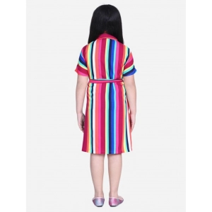 Generic Girl's Polyester Crepe Striped Short Sleeve Shirt collar Dress (Multicolor)