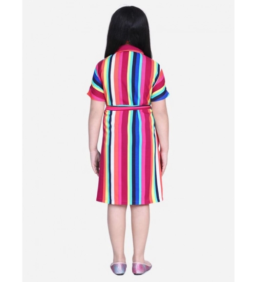 Girl's Polyester Crepe Striped Short Sleeve Shirt collar Dress (Multicolor)