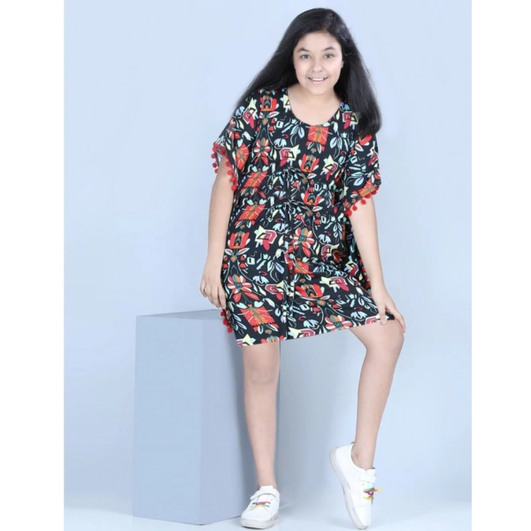 Dropship Girl's Polyester Moss Printed Kaftan Sleeve Round Neck Dress (Multicolor)
