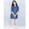 Dropship Girl's Denim Solid Long Sleeve Shirt collar Dress (Blue)