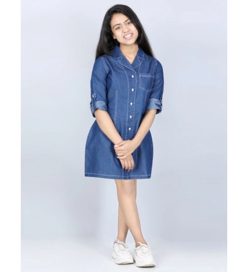 Girl's Denim Solid Long Sleeve Shirt collar Dress (Blue)