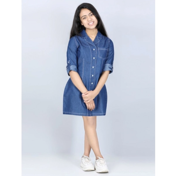 Dropship Girl's Denim Solid Long Sleeve Shirt collar Dress (Blue)