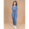 Dropship Girl's Denim Solid Shoulder Straps V-Neck Dress (Blue)