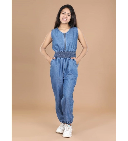 Girl's Denim Solid Shoulder Straps V-Neck Dress (Blue)