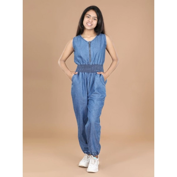 Dropship Girl's Denim Solid Shoulder Straps V-Neck Dress (Blue)