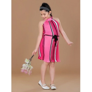 Generic Girl's Polyester Crepe Printed Sleeveless Round Neck Dress (Pink)