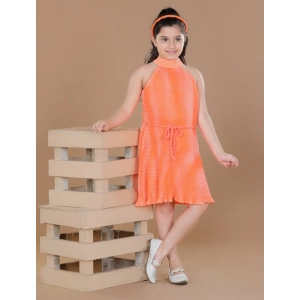 Generic Girl's Polyester Crepe Printed Sleeveless Round Neck Dress (Orange)