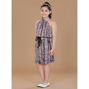 Generic Girl's Polyester Crepe Printed Sleeveless Round Neck Dress (Black-Pink)