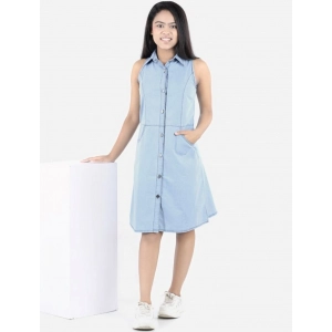 Generic Girl's Denim Solid Sleeveless Shirt collar Dress (Blue)