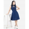 Dropship Girl's Denim Solid Sleeveless Shirt collar Dress (Blue)