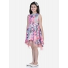 Dropship Girl's Polyester Crepe  Net Printed Sleeveless Round Neck Dress (Pink-Blue)