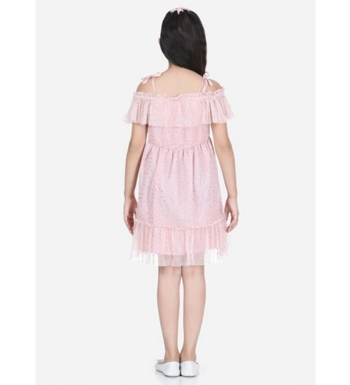 Girl's Polyester Net Embellished Short Sleeve Shoulder Straps Dress (Pink)