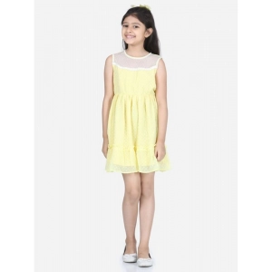 Generic Girl's Polyester Dobby Floral Printed Sleeveless Round Neck Dress (Yellow)