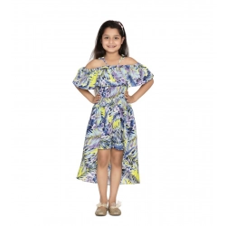 Girl's Polyester Moss Printed Off Shoulder Straps Dress (Blue)