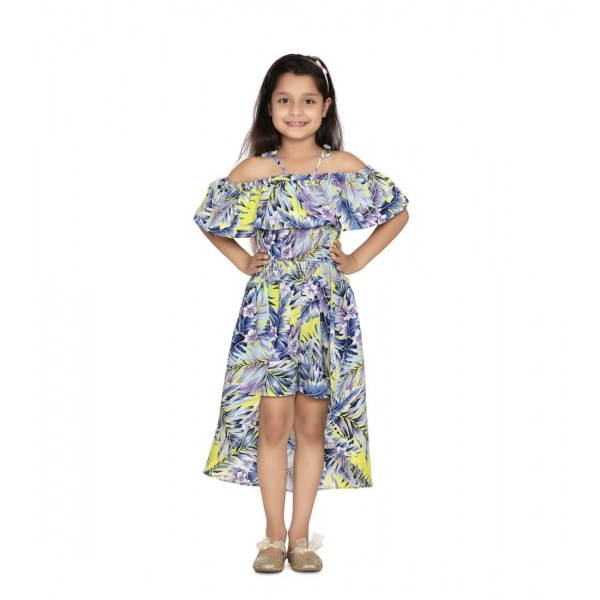 Dropship Girl's Polyester Moss Printed Off Shoulder Straps Dress (Blue)