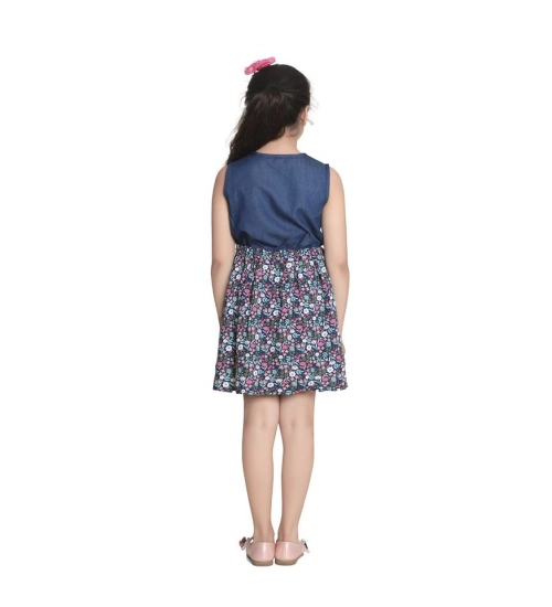 Girl's Denim-Rayon Floral Printed Sleeveless Round Neck Dress (Navy Blue)