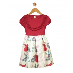 Girl's Cotton Printed Short Sleeve Round Neck Dress (Red-White)