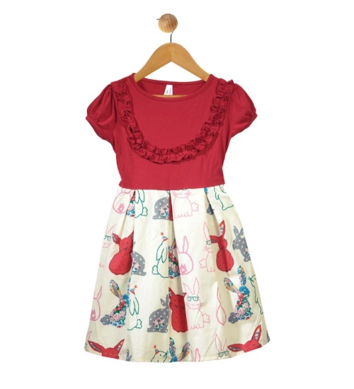 Girl's Cotton Printed Short Sleeve Round Neck Dress (Red-White)