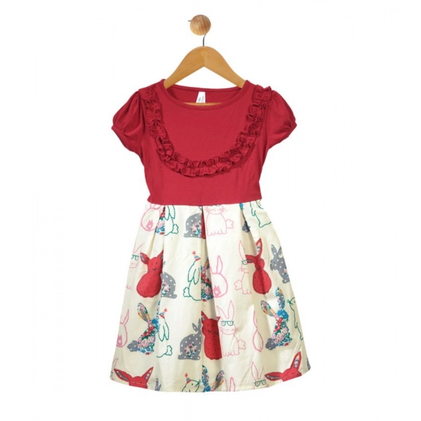 Dropship Girl's Cotton Printed Short Sleeve Round Neck Dress (Red-White)